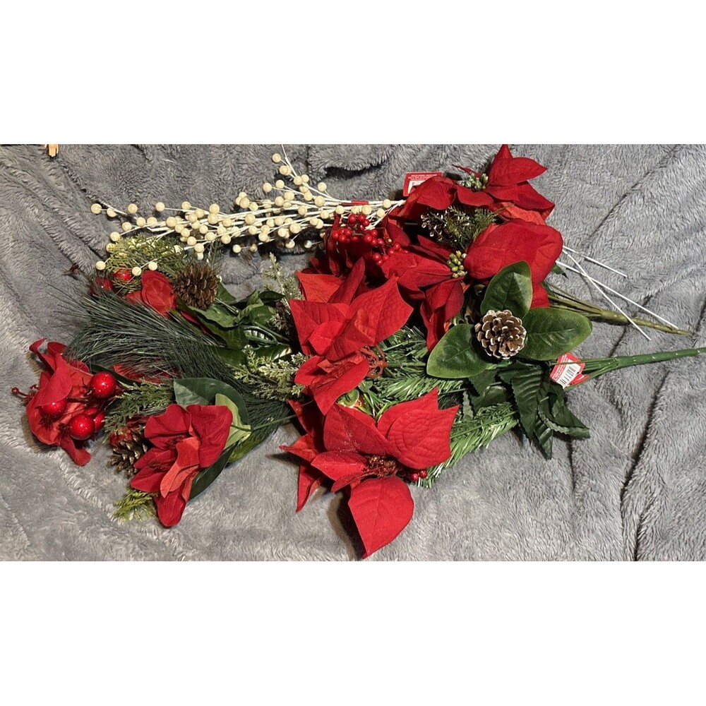 Christmas Red Poinsettias Bulb Bush Leaf Artificial Red Flowers Berries Lot